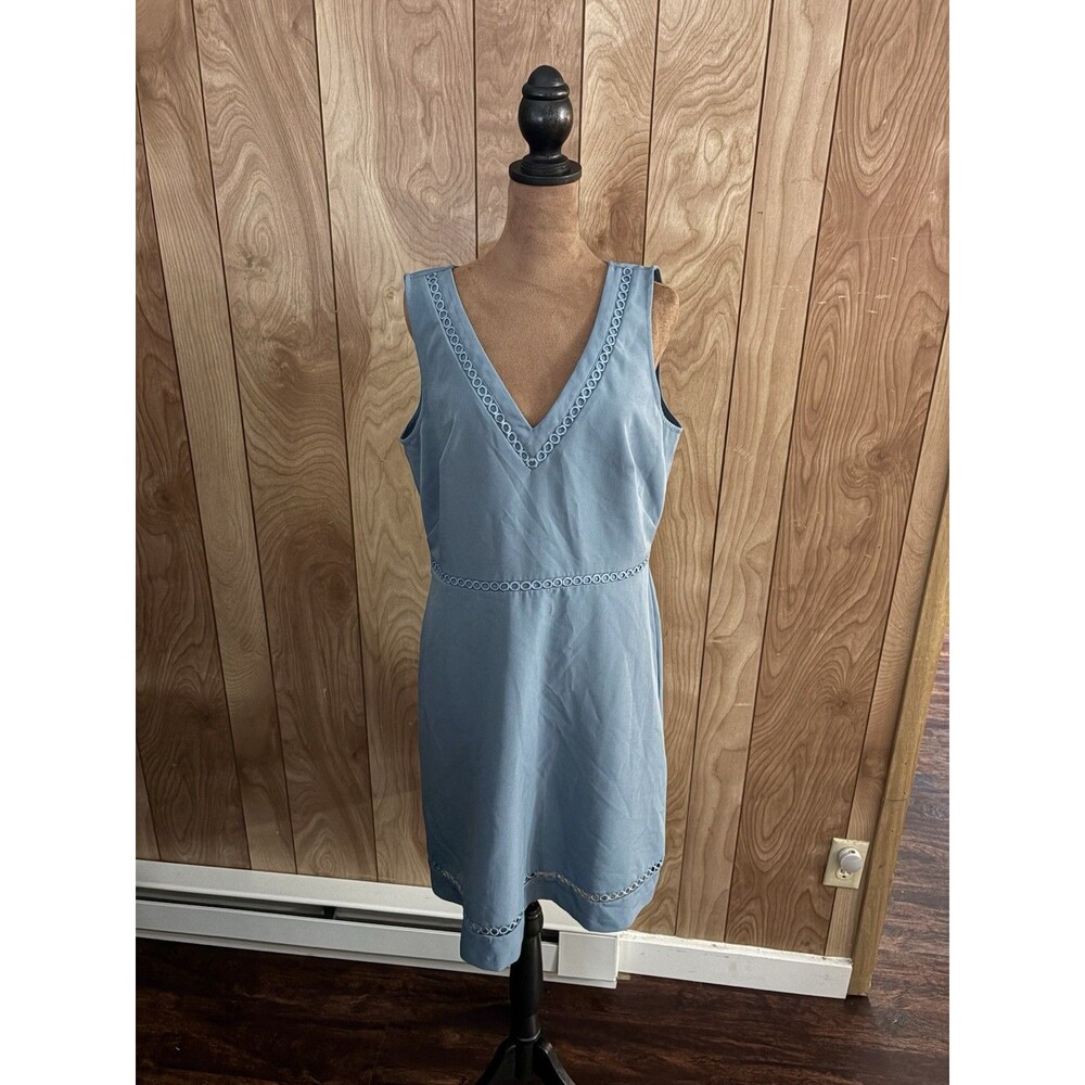 Loft Dusty Blue Sleeveless V-Neck Eyelet Trim Shift‎ Dress Stretch Blend Size S